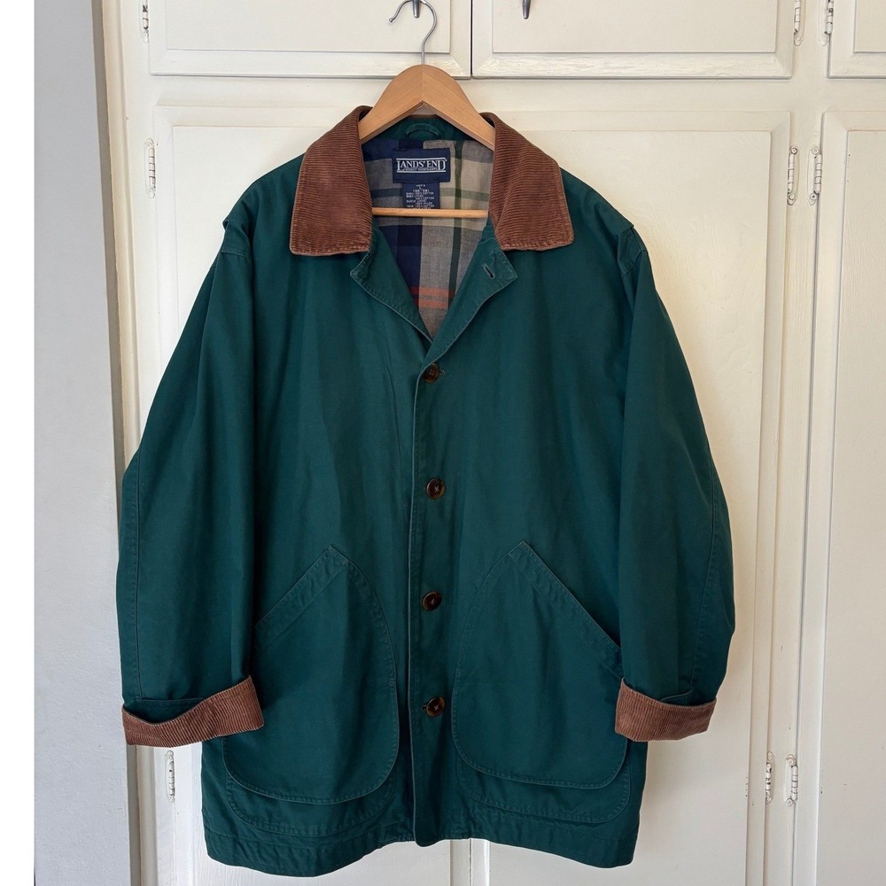 Lands End Mens Barn Jacket Forest Green Cotton Canvas Plaid Lined Chore Coat L - Picture 1 of 11